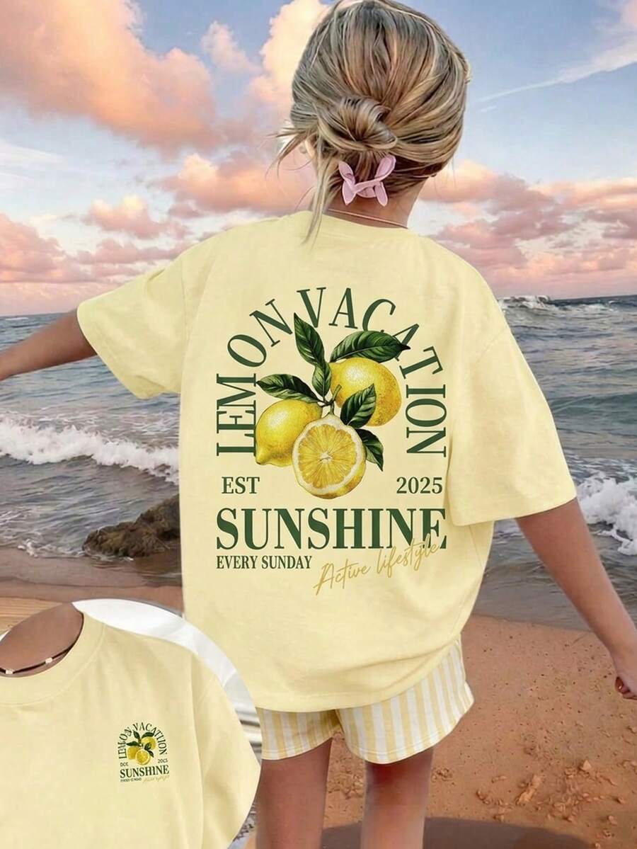 Tween Girl Casual Pattern Short Sleeve Loose Drop Shoulder T-Shirt Suitable For Summer - Multicolor - View 1
