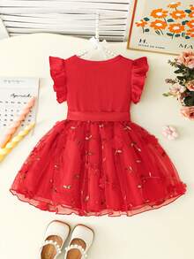 SHEIN Vestido elegante y dulce de punto acanalado rosa con manga corta de casquillo para niñas bebé, con vestido de malla floral 3D y cinturón de cintura, lindo conjunto elegante de verano para vacaciones y fiestas - Rojo - Ver 2