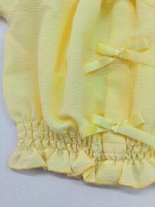 Genkimix Kids Young Girls Solid Color Ruffle Bow Decor Short Sleeve Top And Denim Shorts 2-Piece Set - Yellow - View 7
