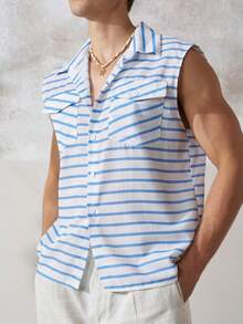 TONEVAULT Men's Summer Casual Tropical Linen-Like Sleeveless Shirt Vacation Blue And White Stripe - Blue - View 7