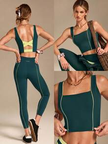 GLOWMODE FeatherFit™ On The Line Soft Stretchy Sweat-Wicking UV Protection Crossover Back Two-Tone Removable Cups Cropped Active Tank Low Impact Yoga Pilates Studio Daily Active Wear - Green - View 8