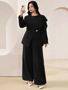 Veilorie Plus Size 2 Pieces Set Elegant Solid Color Metal Decor Shawl Ribbon Design Top And Long Pants Fall - Black - View 7