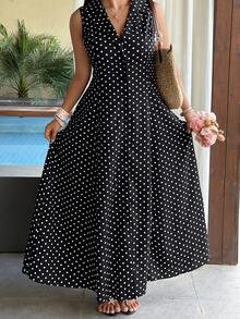 Sunnyshic Vestido Maxi Talla Grande para Mujer con Lunares Negros, Cuello en V con Solapa, Cierre de Botones Delanteros, Cintura Ceñida, Corte A, Elegante Minimalista, Versátil para Vacaciones, Playa, Desplazamiento, Compras, Citas y Uso Diario - Negro - Ver 6
