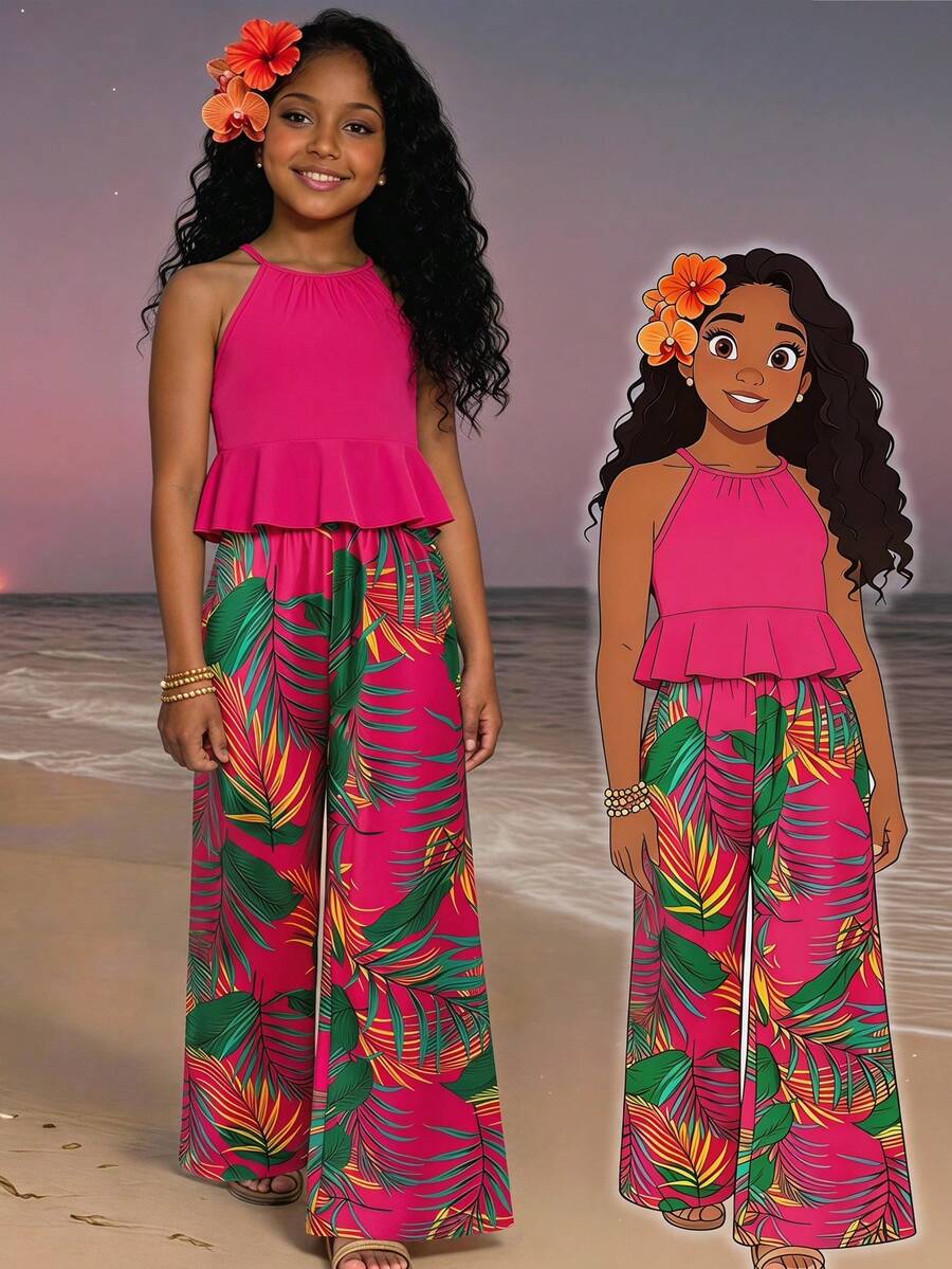 SHEIN Sparklyn Girls' Halter Neck Set,Pink Summer Funny Vacation Holiday Tropical Floral Print Ruffle Hem Top And Wide-Leg Pants,Comfortable Fuchsia Outfit - Hot Pink - View 1