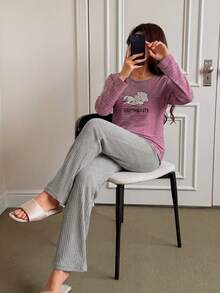 Embroidered Round Neck Comfortable Long Sleeve & Long Pants Women Pajama Set - Hot Pink - View 6