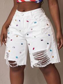 Slaydiva Plus Size Women's Colorful Rhinestone Decor Pocket Distressed Frayed Denim Shorts - White - View 5