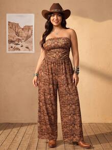 Enliva Macacão plus size com estampa paisley, estilo boêmio vintage, ideal para férias. - Castanho - Ver 7