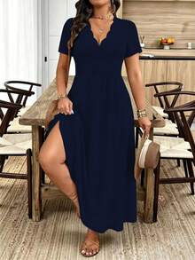 Breezaya Plus Size Women's Wavy Collar Fashion Commuter Long Dress - Navy Blue - View 7