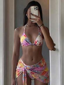 Costavie 女款海灘度假波點印花掛脖綁背性感比基尼三件套 - 彩色 - 查看 3