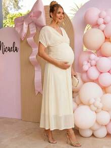 Loomaby Pregnant Women's Solid Color Crossed V-Neck Batwing Sleeve Elegant Dress,Gender Reveal Dress,Maternity Dress,Baby Shower Dress - Khaki - View 5