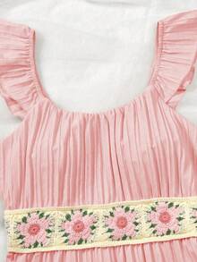 Sparklyn Teen Girls Boho Tiered Ruffle Dress - Sleeveless Square Neck A-Line Mini Dress With Colorful Crochet Waistband For Summer Beach Vacation - Pink - View 4