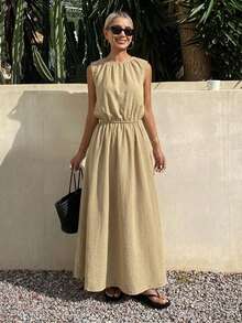 Livesso Women's Summer Sleeveless Top And Loose Skirt 2 Pieces Set - Khaki - View 6