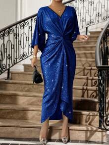 SHEIN Lady Plus Size Women's Glitter Twist Waist Flare Sleeve Elegant Sexy Dress Royal Blue Dress Cocktail Autumn Fall Evening Evening - Navy Blue - View 7