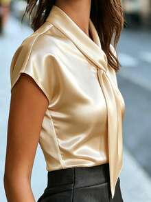 SHEIN Solid Color Collar Elegant Commuter Summer Short Sleeve Shirt, Satin Fabric, White Shirt, Loose Fit, Suitable For Commuting, Business, Party, Date Occasions, Spring/Summer Style Shirt - Champagne - View 7