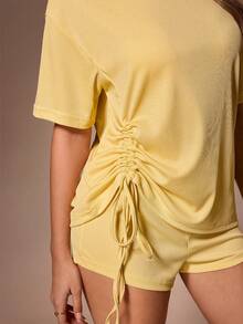 Lazeform 2 piezas Conjunto de ropa de estar en casa para mujer con cordón y plisado acanalado - Amarillo - Ver 7