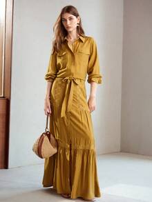 MOTF PREMIUM WOMEN'S AUTUMN DENIM EFFECT LOOSE SHIRT TEACHERS' DAY OFFICE MUSTARD YELLOW MATURE ELEGANT - Olive Green - View 1