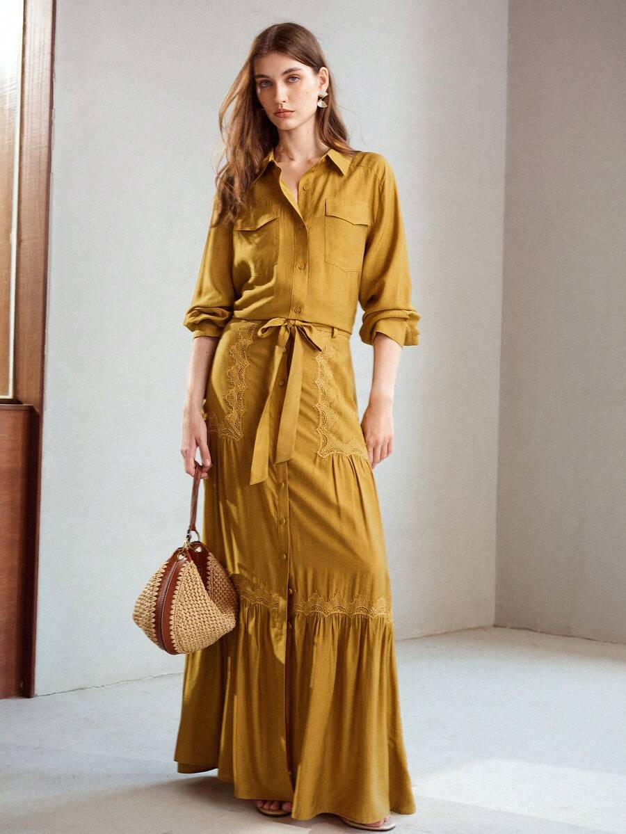 MOTF PREMIUM WOMEN'S AUTUMN DENIM EFFECT LOOSE SHIRT TEACHERS' DAY OFFICE MUSTARD YELLOW MATURE ELEGANT - Olive Green - View 1