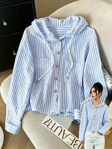 Resyla New Blue Striped Loose Hooded Shirt, Sun Protection - Blue - View 5
