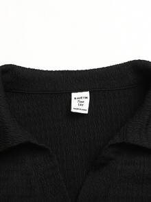SHEIN Girlism 青少年女孩青少年女孩針織黑色提花POLO領T恤與長褲休閒套裝 - 黑色 - 查看 6