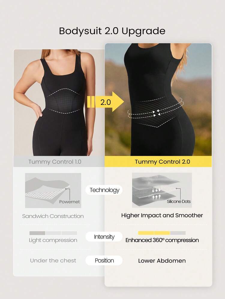 4.3" FeatherFit™ Buttery-Soft Stretchy Tummy Control Removable Cups Side Pockets U-Back Bodysuit Romper Low Impact Yoga Pilates Studio Gym Workout Daily Wear