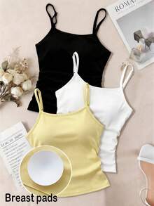 SHEIN Tank Top Dalaman Rajut Hitam Putih Musim Semi/Panas untuk Anak Perempuan Remaja, Paket Multi, Beli 1 Gratis 2 - MultiWarna - View 3