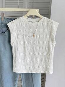 SHEIN Tween女孩紋理圓領短袖休閒T恤，簡約休閒居家穿著 - 白色 - View 6