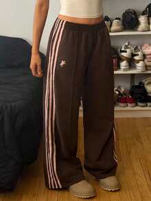 Muchica Patchwork Striped Elastic Waist Brown Checkered Knit Wide Leg Sweatpants Daily Summer Sporty - Multicolor - View 4