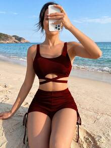Swim Lushoire Conjunto de traje de baño de unicolor para mujer para vacaciones en la playa - Burdeos - Ver 3
