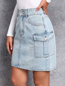 SHEIN Essnce 夏季休閒工裝牛仔裙 - 淺色水洗藍 - 查看 5