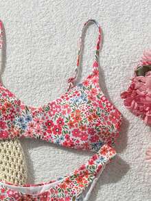 Swim Mod 女款 2件組彩色花卉隨機印花可愛夏季海灘度假比基尼套裝 - 彩色 - View 4