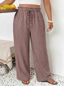 SHEIN Frenchy Plus Size Women's Drawstring Waist Striped Patchwork Casual Versatile Daily Outing Long Pants Fall - Coffee Brown - View 7