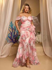 Glamrae 大尺碼優雅浪漫粉色歐根紗亮面閃粉數位印花胸前扭結誇張層次荷葉邊裝飾A字開衩約會休閒度假單身派對婚禮活動重工晚禮服 - 彩色 - 查看 2