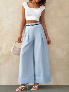 EURMUSE Blue And White Stripe Elegant Casual Wide Leg Pant With Belt Pants For Summer And Spring Brunch Teachers' Day Vacation Business - Blue and White - View 2
