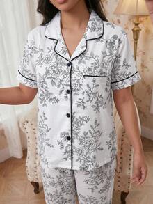 Modelyn 女士泡泡褶皱花卉印花长袖睡衣套装真丝两件套，冬季服装 - 白色 - 查看 8