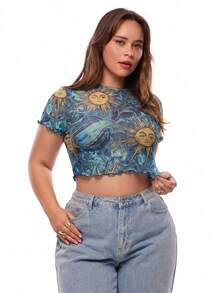 Solavibe Plus Size Women's All-Over Print Casual Versatile Daily Wear Short Sleeve Top - Blue - View 5