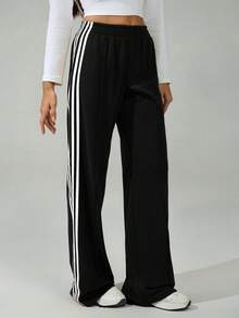 SHEIN Tall 女款彈性腰側條紋寬腿寬鬆休閒運動長褲，返校季，高個女性適用 - 黑與白 - 查看 7