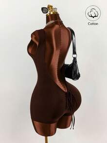 Amplova Women's Solid Color Round Neck Casual Tank Top Style Fitted Romper - Brown - View 9