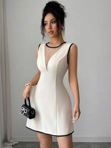 Elenzga Sleeveless Round Neck Color Block Fabric Patchwork Waist A-Line Elegant Romantic Dress For Women - Apricot - View 8