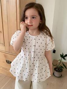 DAZY Kemeja Anak Perempuan Lengan Pendek Kerah Bulat Motif Polkadot dan Patchwork - Khaki - View 7