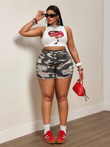 Slaydiva High Waist Tight Fit Printed Camouflage Distressed Plus Size Denim Shorts - Multicolor - View 6