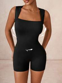 1pc Lumalex Comfortable Fabric & Fashionable Design Sexy Minimalist Solid Color Wide Strap Jumpsuit, Specially Made For Women, Suitable For Airport Outfits And Gym Workouts, Slim-Fit Style To Showcase Female Physique, Ideal Choice For Women's Gym Exercises - Black - View 12