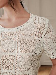 Anewsta White Lightweight Hollow Floral Decor Women's Casual Knit Short Sleeve Top - White - View 4
