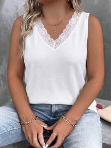 EMERY ROSE Women's Spring/Summer New Hot-Selling Lace Trim Patchwork V-Neck Casual Versatile Plus Size Tank Top - White - View 4