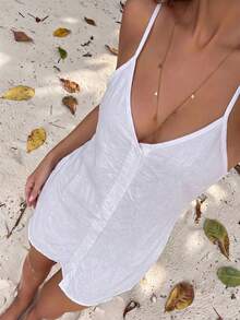 Bonvoyette Summer Vacation Casual V-Neck Solid Color Adjustable Strap Pocket Cover-Up - White - View 1