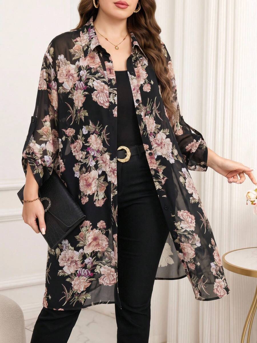 Reflora Plus Size Elegant Commuter Floral Print Blouse
