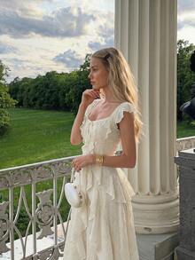 SHEIN MOD White Ruffle Hem Fitted Dress Holiday Picnic Summer Cottage Core - Apricot - View 1