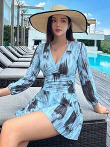 Traje de baño de una pieza con cuello halter sólido, transparente para el verano, conjunto de ropa de playa para vacaciones de mujer - Celeste - Ver 3