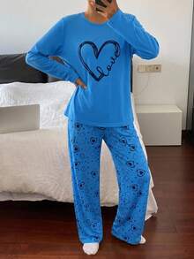 Pyjamasset i bomull för kvinnor, 2 delar, långärmad topp med kontrastfärg och slogan-text samt sovbyxor med randigt hjärtmönster, hemmakläder - Blå - Visa 5