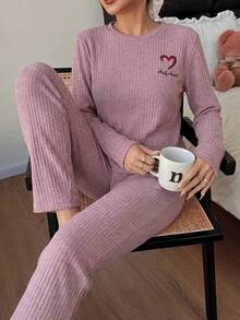 Lotus Root Pink Round Neck Embroidered Comfortable Long Sleeve Pants Women Pajama Set - Dusty Pink - View 6