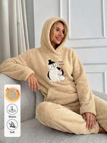 SHEIN طقم بيجاما من الصوف الناعم المبطن بتطريز عائلة البطريق اللطيفة، طقم استرخاء بغطاء رأس من الفرو الناعم بتصميم تيدي - بيج - مشاهدة 1